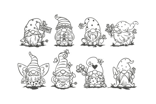 Black white gnomes or dwarfs isolated outline vector illustration
