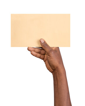 Man Holding A Blank Rectangular Piece Of Brown Paper Isolated On White Or Transparent Background