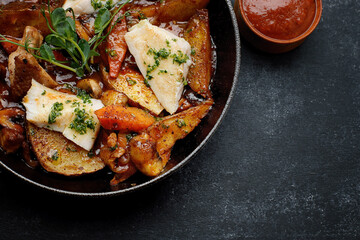 Fried potatoes in sauce, with mushrooms, vegetables, chicken and cheese, in a pan