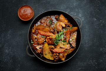 Fried potatoes in sauce, with mushrooms and vegetables, on dark concrete