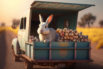 Cute Easter Bunny looking out of a car filed with easter eggs at sunset, Generative AI	
