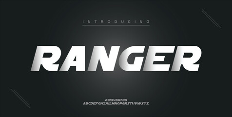 Ranger digital modern alphabet new font. Creative abstract urban, futuristic, fashion, sport, minimal technology typography. Simple vector illustration with number
