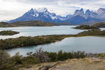 Lake and snowy mountains of Torres del Paine National Park in Chile, Patagonia, South America