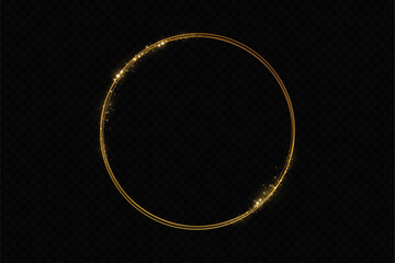 Abstract sparkling golden frame light effect on transparent background. Spark with ring glossy line.