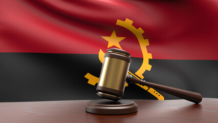 Angola country national flag with judge gavel hammer on court desk concept of constitutional law and justice based on wood desk table 3d rendering image