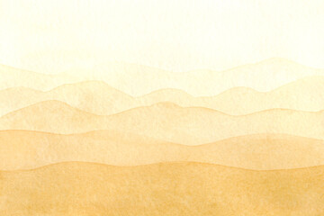 Light, warm, yellow-beige-brown, watercolor, textural, abstract background. Panoramic view of mountains, hills, sands. Drawn by hand. For decoration and design with place for text.