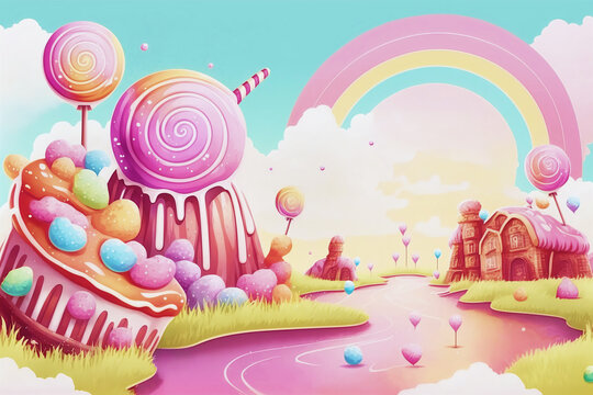 A landscape of sweet cupcakes with a river of gingerbread jelly houses and a rainbow in pastel colors.AI generated.