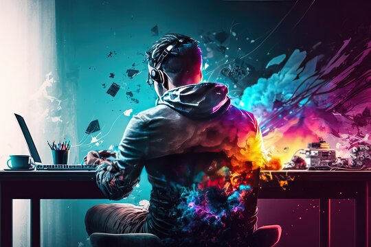 Twitch Streamer Playing Music on Laptop in Explosive Color Explosion with Badass Filters and Effects, Generated AI