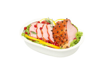 Concept of tasty food, meat, Ham, isolated on white background
