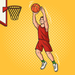 basketball player puts the ball in the hoop pop art retro raster illustration. Comic book style imitation.