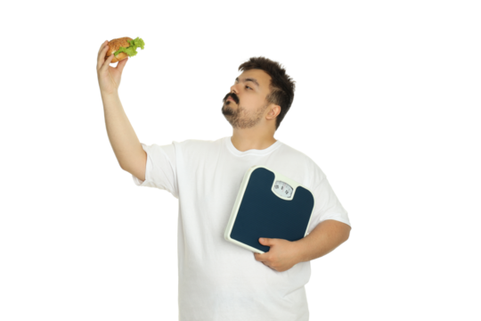 Concept of excess weight with young man, isolated on white background