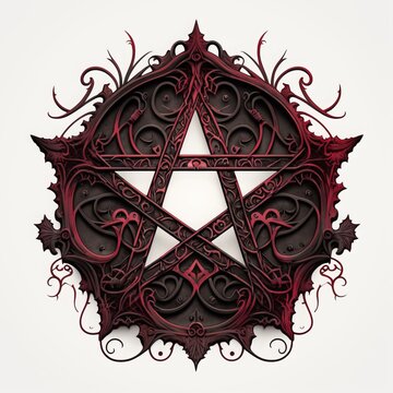 Illustration of a gothic pentagram, black and dark red pallet, gothic deep colours, white background