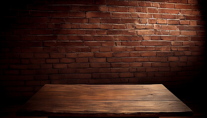 Empty wood table top with old brick wall background. Can use this image to showcase or montage your items. Generative Ai.