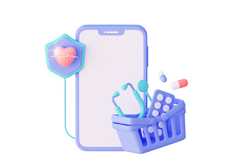 Order medicines online. Healthcare online pharmacy app concept. Medicine Pills and stethoscope in shopping basket. 3d rendering illustration. 