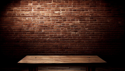 Empty wood table top with old brick wall background. To create product display. Generative Ai.