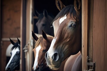 Head of horse looking over the stable doors on the background of other horses, AI generated