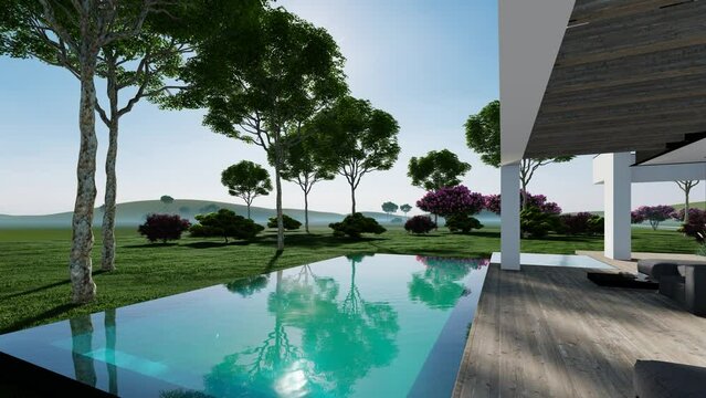 4K video rendering of modern cozy house with pool and parking for sale or rent in luxurious style and beautiful landscaping on background. Summer sunny day with clear blue sky.