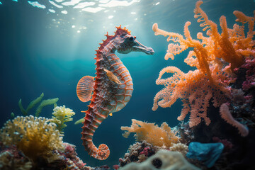 Fototapeta na wymiar Image for 3d floor. Underwater world. Seahorse. corals. (ai generated)
