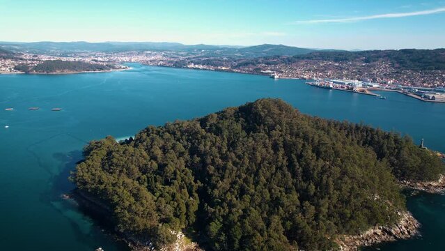 Aerial view of Tambo island, in Pontevedra estuary, Galicia, Spain. High quality 4k footage.