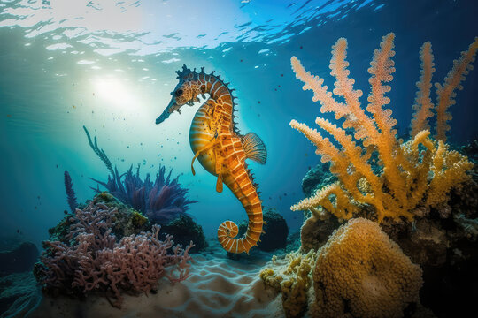 Image for 3d floor. Underwater world. Seahorse. corals. (ai generated)