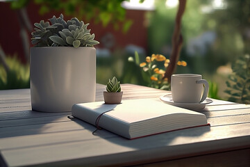 Table with books and a cup of coffee and pot plant the setting on a sunny day. 
