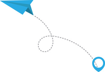 Paper airplane with dotted trace and map pointer pin