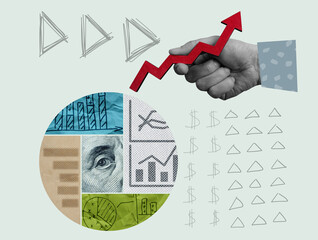 Conceptual collage with arrow and hand. Financial chart as symbol of business plan and analysis.