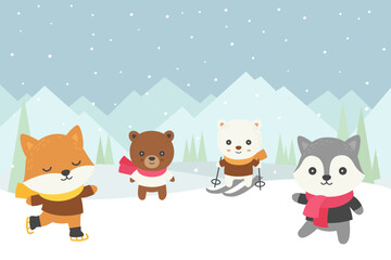 Winter animals doodle playing in snow mountain