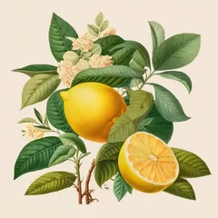 Fotobehang Lemon or citrus limon plant with fruits and flowers as in the vintage botanical illustration, victorian still life on creamy paper  background made with generative AI © acrogame