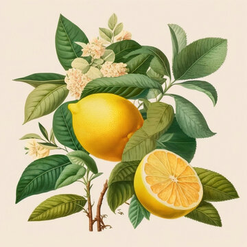 Lemon or citrus limon plant with fruits and flowers as in the vintage botanical illustration, victorian still life on creamy paper  background made with generative AI