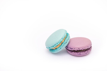 Macaroons, baked sweets from the pastry shop on white background