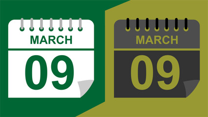 march 09 calendar date on green background or isolated icons with hollow background.