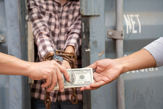 Woman trapped in cargo container wait for Human Trafficking or foreigh workers, Woman holding master key wait for holp help, woman chained to her wrist