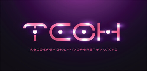 Tech font alphabet letters outline linear contour typography techno digital characters.