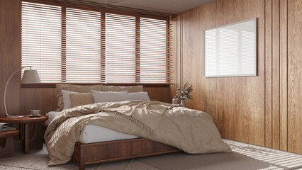 Japandi bedroom with wooden walls and frame mockup in beige tones. Double bed with pillows, carpets and decors. Minimal interior design