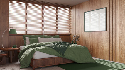 Japandi bedroom with wooden walls and frame mockup in green and beige tones. Double bed with...