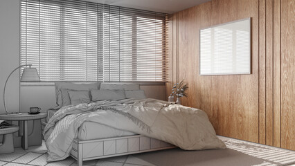Architect interior designer concept: hand-drawn draft unfinished project that becomes real, japandi bedroom with wooden walls and frame mockup. Minimal style