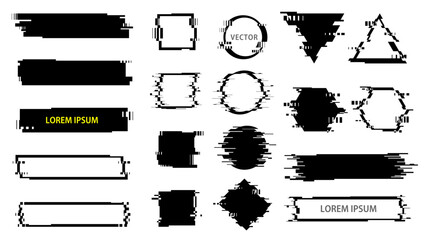 Set of Glitch Monochrome Graphic Elements. Abstract Trendy Shapes. Vector Frames. - 578340524