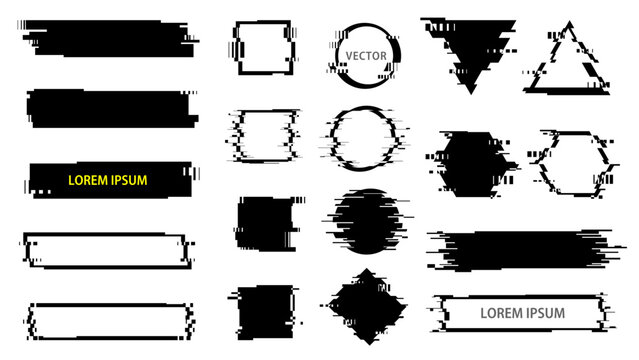Set of Glitch Monochrome Graphic Elements. Abstract Trendy Shapes. Vector Frames.