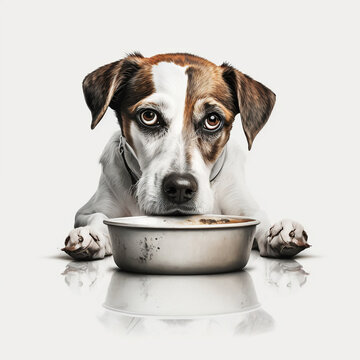 chien allong&eacute; devant sa gamelle sur fond blanc - generative ai