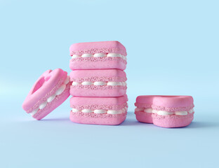 Tasty heart-shaped macaroons stack on the table, love macaroon with white cream. Flat pastel blue background. Small pink heart shape crunchy cakes. 3d render illustration.