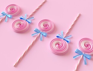 Round meringue cakes on a stick on a pastel pink background, with small blue bows. Creative minimal wallpaper for bakery or pastry shop. 3d render illustration.