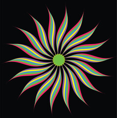 Colorful rainbow flower on a black background. Cartoon flower of fan-shaped colorful petals. Object in vector and jpg.