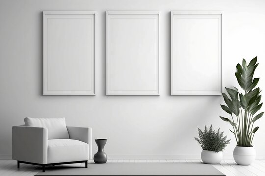 Blank picture frame mock-up on white wall. Modern living room design. View of modern style interior with sofa. Three vertical templates for artwork, painting, photo or poster