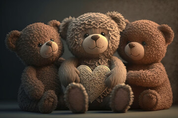 Three light brown teddy bears smile sitting and the middle of them holds a knitted heart in their paws