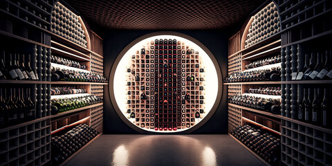 A Modern wine cellar filled to the brim with too many bottles of wine - generative ai. - obrazy, fototapety, plakaty