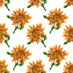 Seamless sunflower pattern. Watercolor floral background with yellow and orange flower, green leaf for textile, wallpapers, summer decor