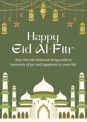 Eid Mubarak greetings card, Islamic light design with moon and stars in the background vector illustration art.