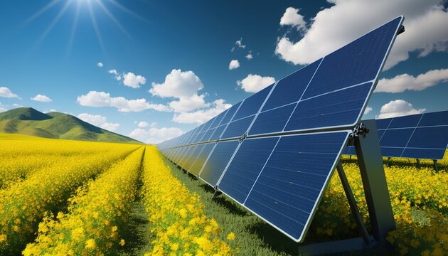 Solar power plant on rape field. Energy generation, electric panels, AI generative