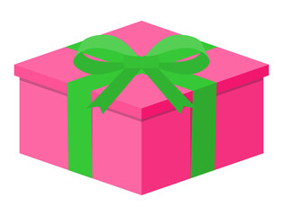Pink gift box with green ribbon. Isometric style. Christmas, Birthday, Valentines Day.